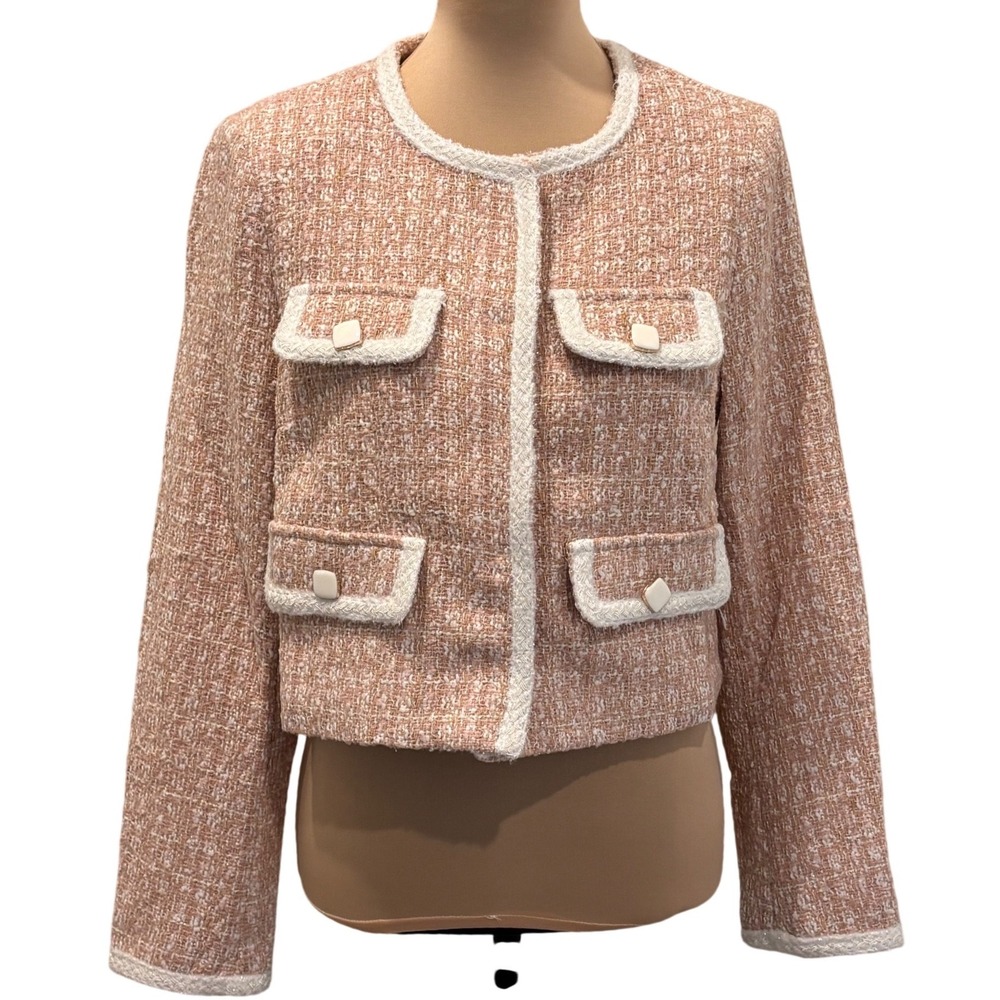 Olivaceous Tweed Jacket Womens Large Peach Gold Metallic Cropped Lady Blazer NWT
